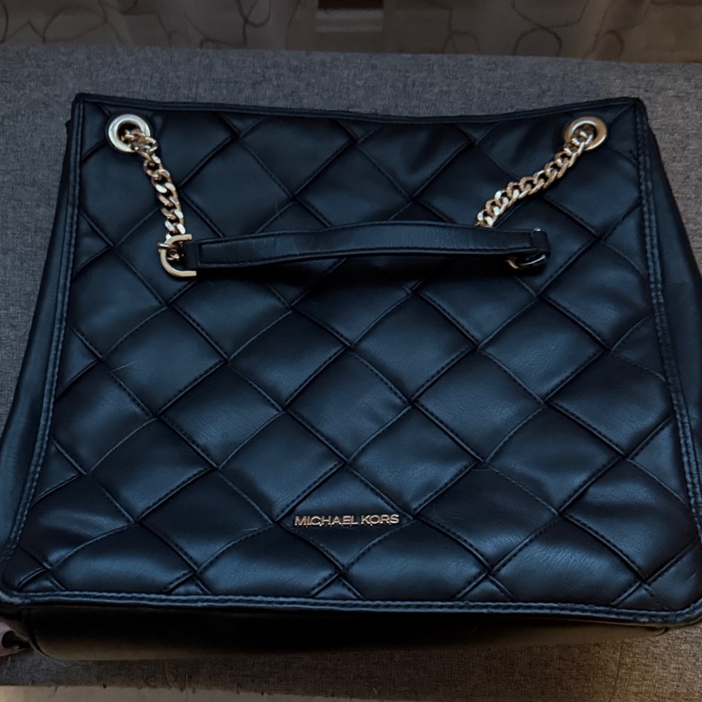Large Michael Kors Black Quilted Shoulder Bag with Gold Chain